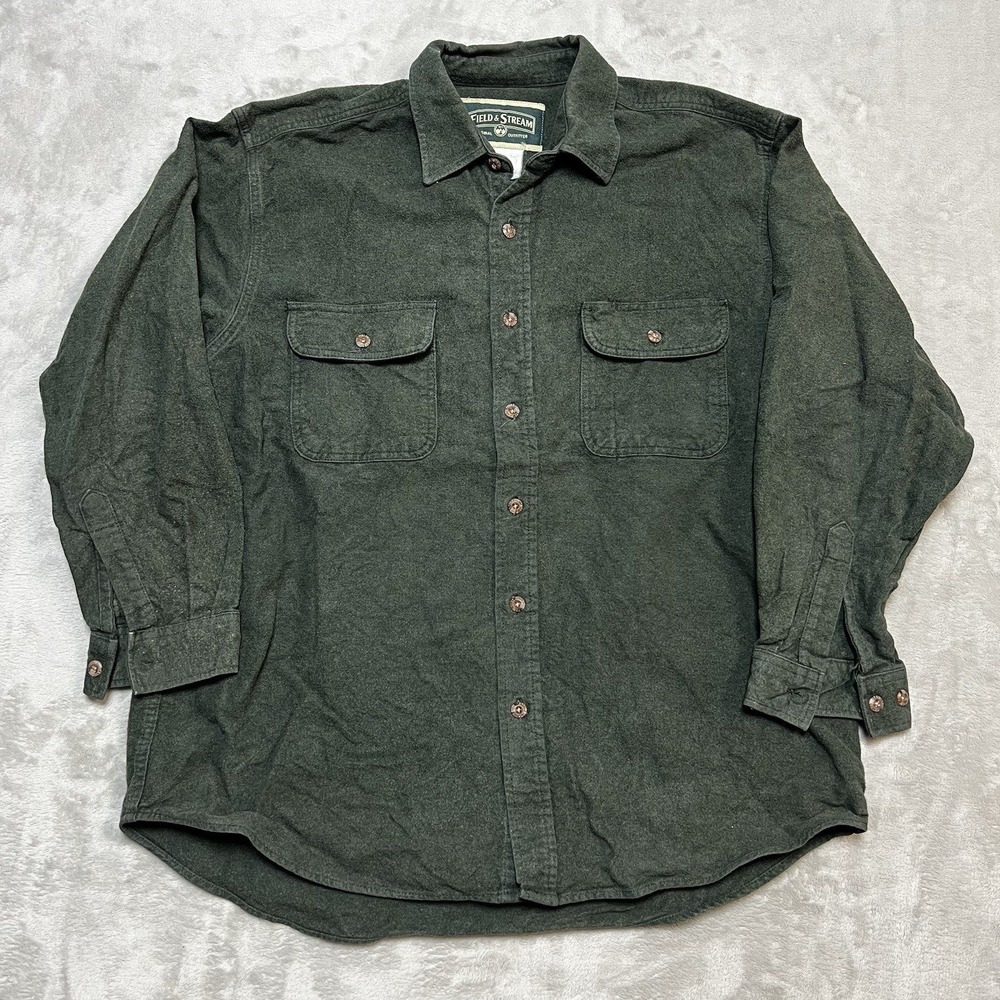 Field & Stream Mens 2XL Green Heavy Flannel Chamois Cloth Button Up Shirt Vtg